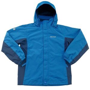 Marmot Jacket Kids Small Blue Softshell Hooded Full Zip Snap Outdoor Travel